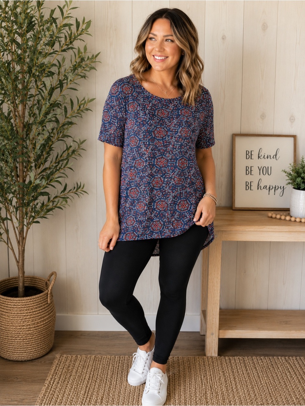 LuLaRoe Large Irma Blue Pink Geometric High Low Tunic Top L